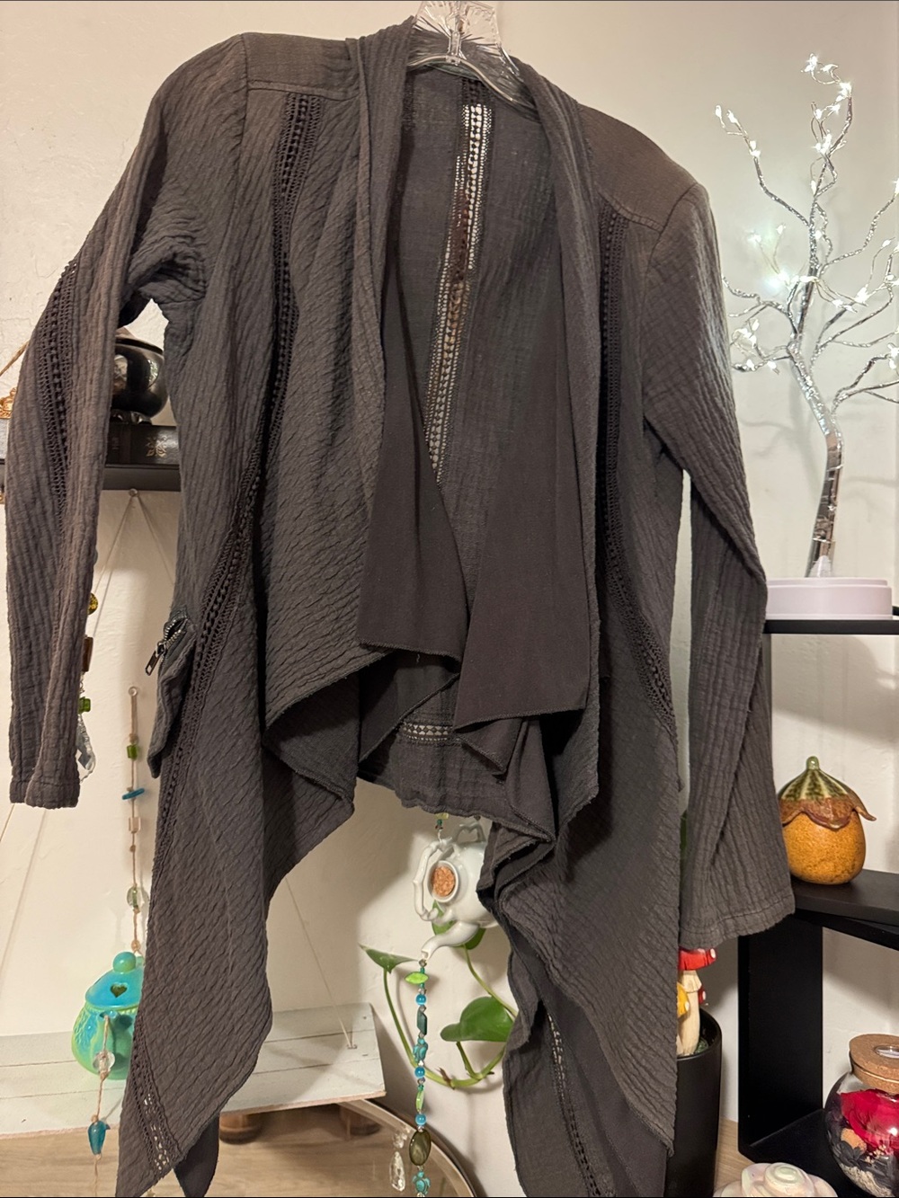 Monoreno Charcoal Draped Open Front Cardigan